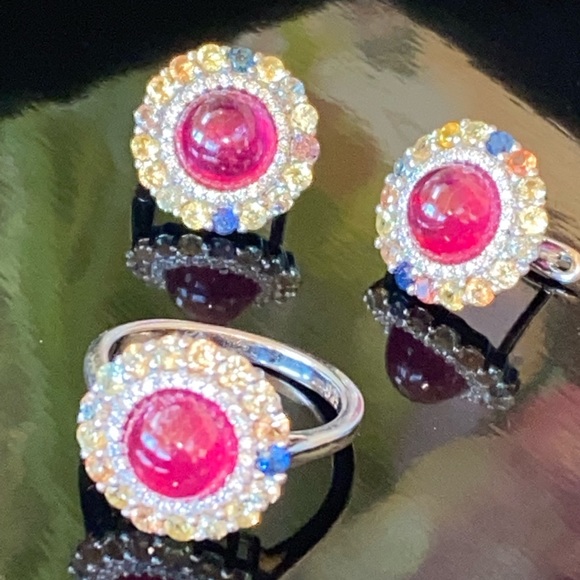 Classy Genuine Pigeon Blood Ruby & Sapphire Earrings - Picture 6 of 6